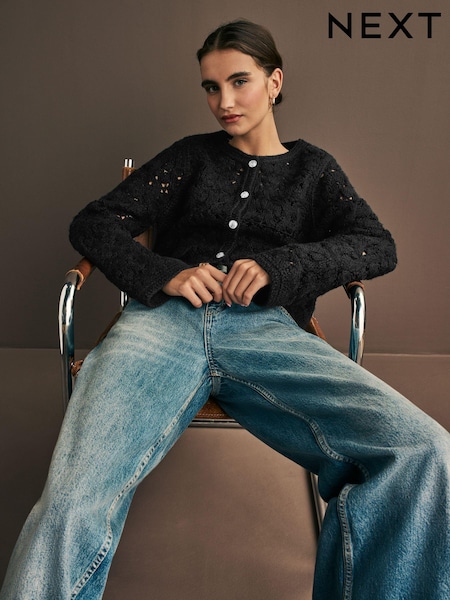 črna - Crochet Knitted Button Through Cardigan (B58297) | € 38