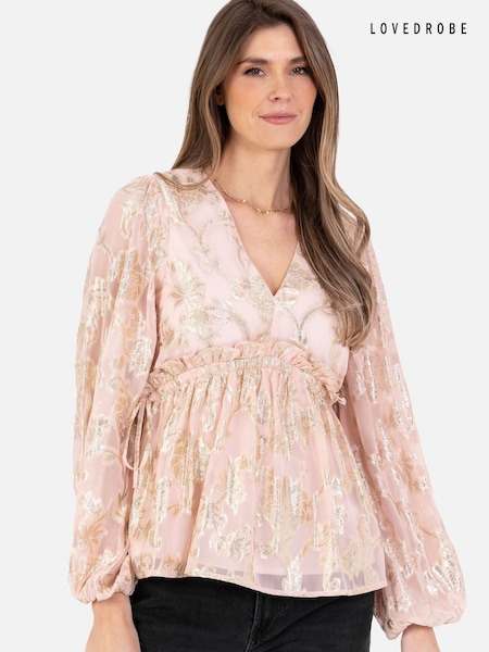 Lovedrobe Pink Long Sleeve Foiled Gathered Waist Peplum Top (B58340) | €15