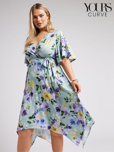 Yours Curve Green Floral Hanky Hem Wrap Dress (B58405) | €20