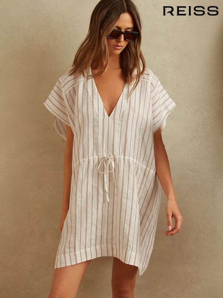 Reiss Cream/Brown Romy Linen-Cotton Striped Kaftan (B58641) | ₪1,152