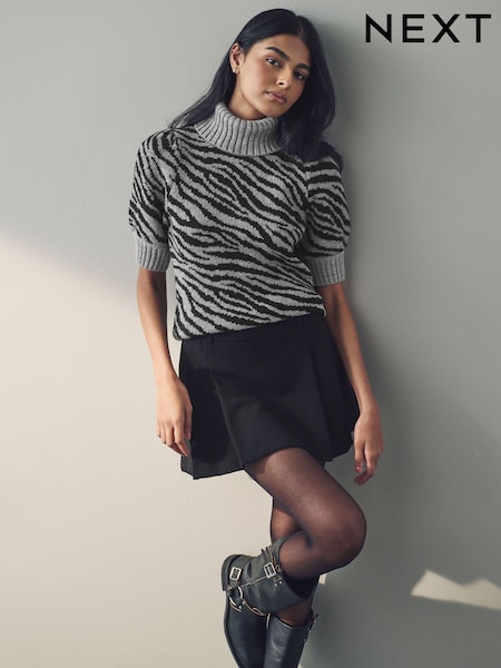 Black White Roll Neck Short Sleeve Zebra Knitted Jumper with Wool (B58738) | AED75