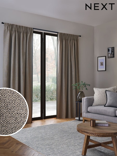 Grey Aubrey Tweed Velour Trim Pencil Pleat Lined Curtains (B58739) | €70 - €141