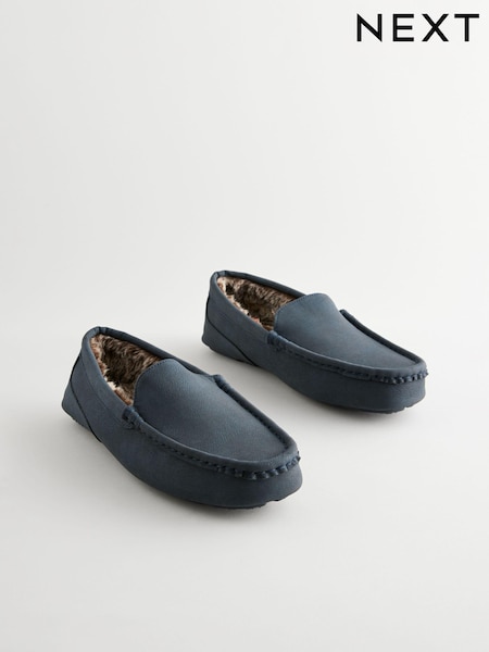 Navy Blue Faux Fur Lined Moccasin Slippers (B58761) | €32