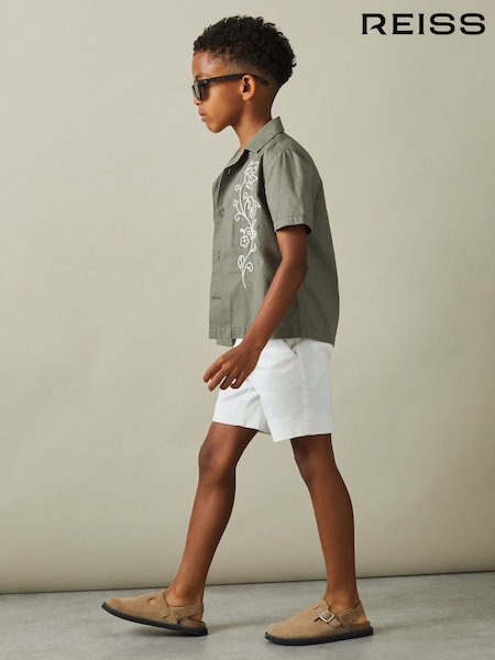 Reiss Sage/Off White Sonny 3-9 yrs Cotton Embroidered Cuban Collar Shirt (B58807) | €15