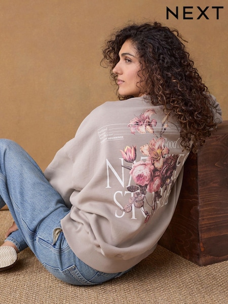 لون محايد صخري - Pretty Floral Longline Back Graphic Relaxed Fit 100% Cotton Sweatshirt (B58850) | ‏71 د.إ.‏
