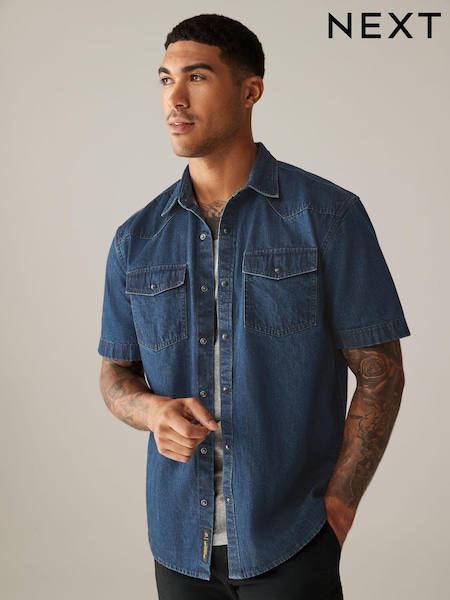 Blue 100% Cotton Short Sleeve Denim Western Shirt (B58886) | €10