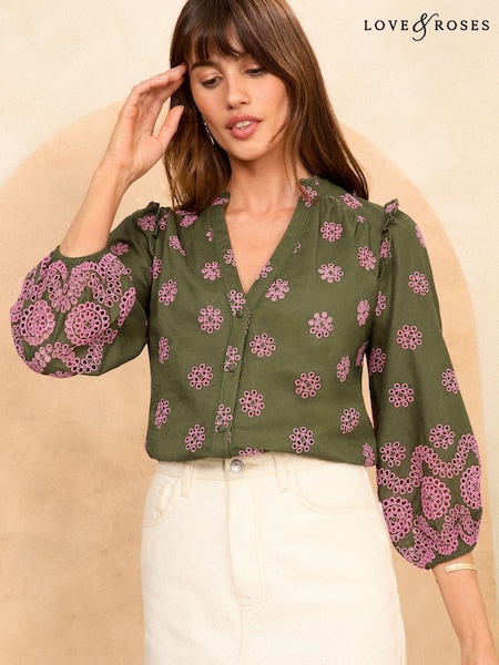 Love & Roses Embroidered V Neck 3/4 Sleeve Blouse (B58944) | 139 LEI