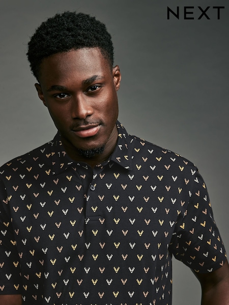 Black/Gold Reindeer Christmas Print Polo Shirt (B58967) | € 6