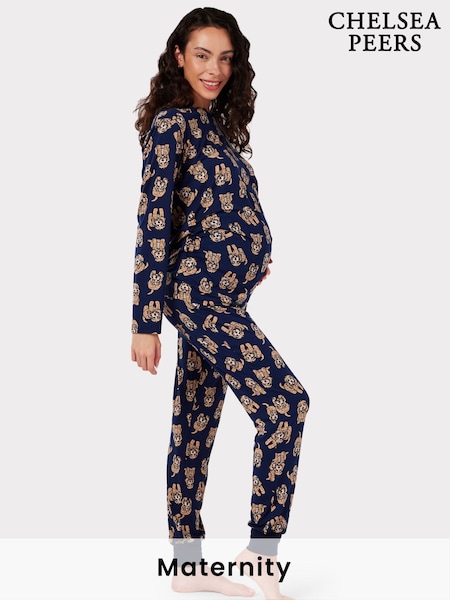 Chelsea Peers Blue Maternity Cockapoo Print Crewneck Long Pyjama Set (B59047) | AED221