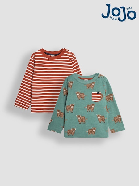 Grün mit Hochlandrind-Print und Streifen - JoJo Maman Bébé Long Sleeve 2-Pack Tops (B59052) | 35 €