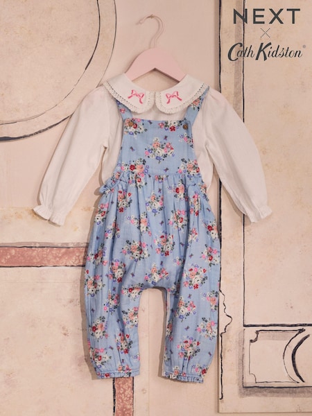 Cath Kidston Blue Floral Baby Woven 100% Cotton Dungarees & Long Sleeve Blouse Set (B59145) | kr418 - kr451