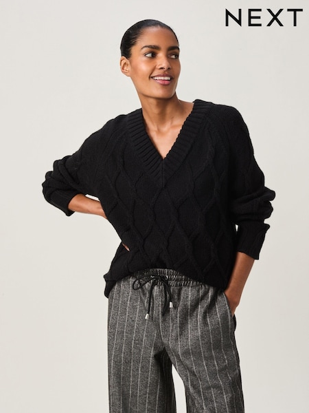 Black Cable Knitted Longline V-Neck Tunic Jumper with Wool (B59155) | ₪120