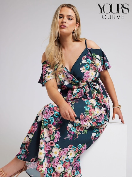 Yours Curve Blue London Cold Shoulder Wrap Dress (B59291) | AED174