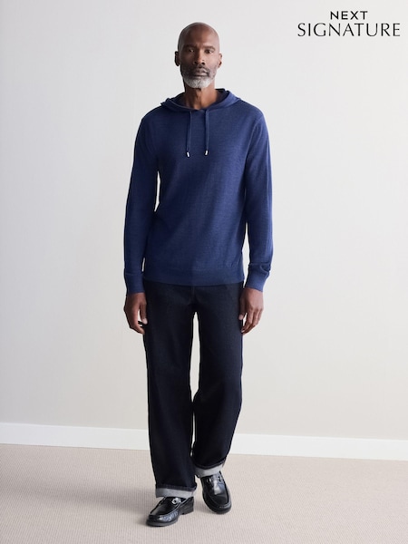 Blue Regular Fit 100% Merino Wool Signature Hoodie (B59335) | €25