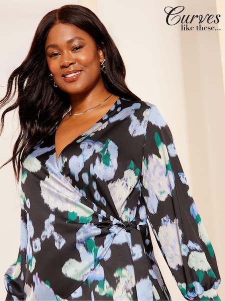 Curves Like These Black Satin Wrap Blouse (B59379) | 89 QAR