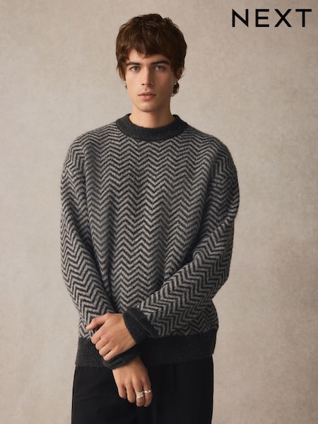 Чорний/сірий - Relaxed Fit Herringbone Pattern Crew Jumper with Wool (B59383) | 1 411 грн