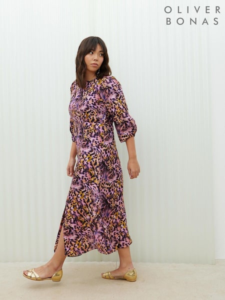 Oliver Bonas Pink Blurred Animal Print Midi Dress (B59420) | €49.50