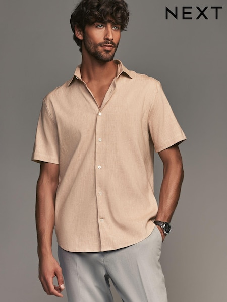 Neutral Brown Regular Fit Signature Linen Blend Short Sleeve Shirt (B59435) | AED109