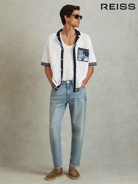 Reiss White/Blue Lucile Open-Stitch Embroidered Cuban Collar Shirt (B59481) | €258