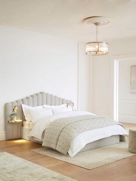 Soft Texture Light Grey Adele Upholstered Hotel Bed Frame with Ottoman Storage, Bedside Tables and Lights (B59736) | €1,550 - €1,800