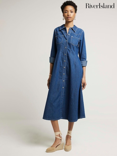 River Island Blue Denim Fitted Midi Shirt Dress (B59881) | €34