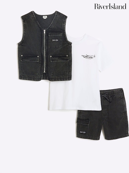 River Island Grey Boys 100% Cotton Denim Gilet Set 3 Piece (B59948) | €30