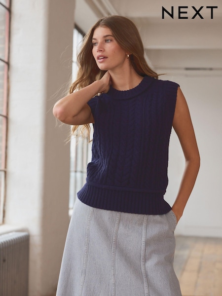 Blue Navy 100% Lambswool Premium Sleeveless Cable Knitted Jumper Tank Vest Top (B59972) | $45