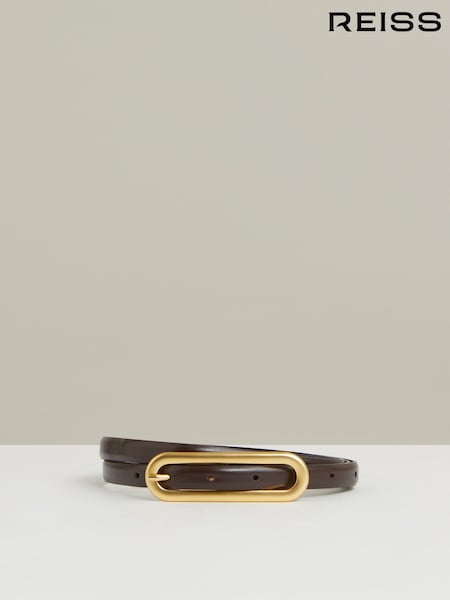 Reiss Chocolate Chaya Thin Leather Elongated Buckle Belt (B60002) | €70