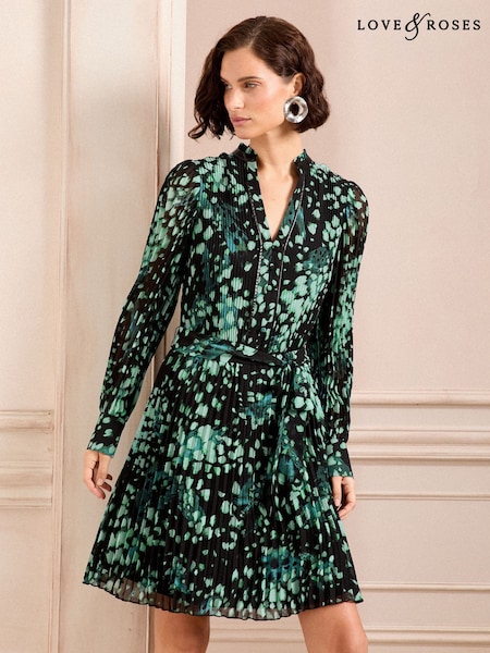 Love & Roses Green Smudge Petite PU Trim V Neck Pleated Mini Dress (B60008) | 143 QAR