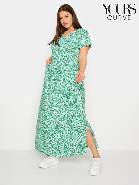 Yours Curve Green 100% Cotton Side Split Drawcord Maxi Dress (B60117) | 153 QAR