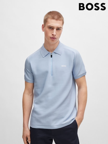 BOSS Blue Short-Sleeved Zip-Neck Polo Sweater With Logo Detail (B60281) | €52
