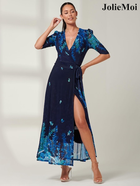 Jolie Moi Navy Blue Kinley Print Wrap Mesh Maxi Dress (B60691) | 234 QAR