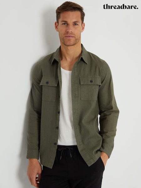 Threadbare Khaki Cotton Linen Blend Lightweight Shacket (B60740) | €40