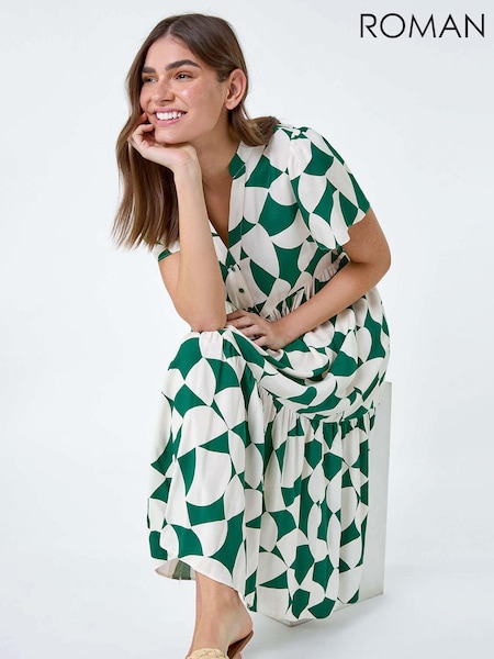 Roman Green Geometric Print Tiered Midi Dress (B60946) | €59
