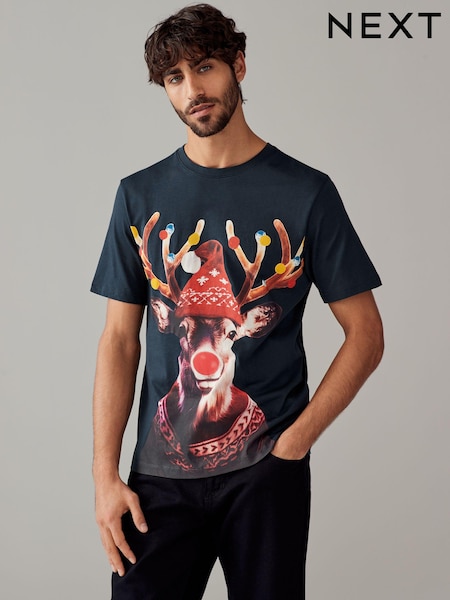 Navy Blue Reindeer Christmas 100% Cotton T-Shirt (B61048) | €8