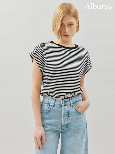 Albaray 100% Cotton Stripe Roll Sleeve Black T-Shirt (B61114) | ‏204 د.إ.‏