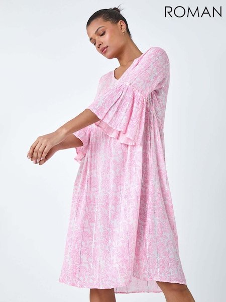 Roman Pink Leaf Print Shimmer Smock Dress (B61152) | 2,523 UAH