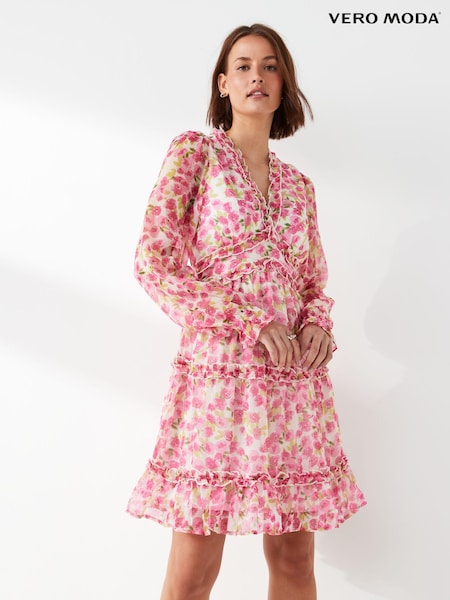 VERO MODA Pink Floral V-Neck Ruffle Tiered Mini Dress (B61240) | €21