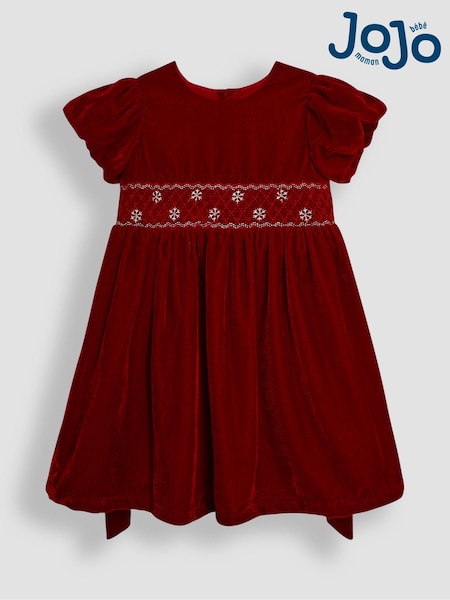 Rot - JoJo Maman Bébé Smock Waist Velvet Party Dress (B61276) | 62 € - 70 €