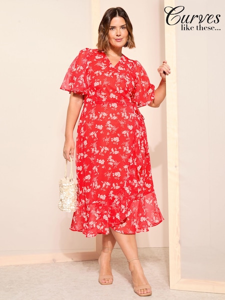 Curves Like These Red Chiffon Mix Flutter Sleeve Wrap Midi Dress (B61379) | €43
