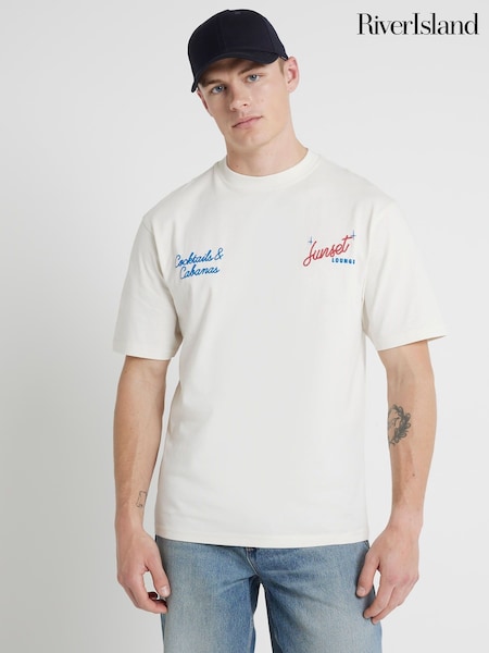 River Island Cream Regular Fit Short Sleeve Sunset Lounge 100% Cotton T-Shirt (B61403) | €16