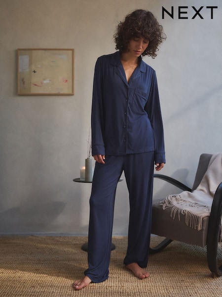 Navy Ribbed Button Through Pyjamas (B61540) | €35