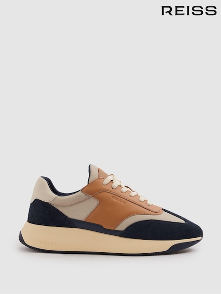 Reiss Navy/Camel Emmett Leather Suede Running Trainers (B61716) | ₪1,225