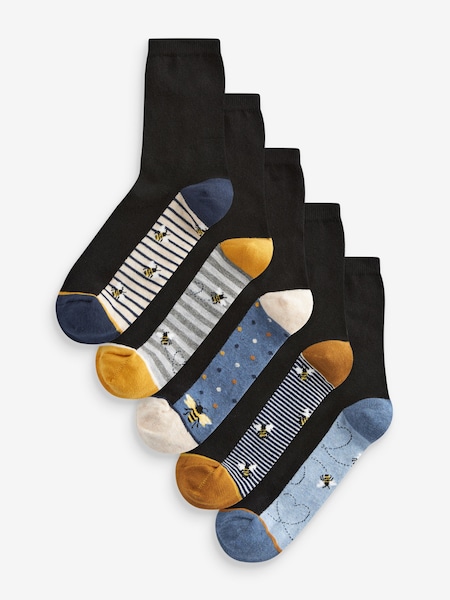 藍色／赭色蜜蜂 - Footbed Ankle Socks 5 Pack (B61723) | HK$102