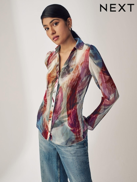 Green Multi Feather Print Pleated Long Sleeve Fitted Shirt (B61730) | €6