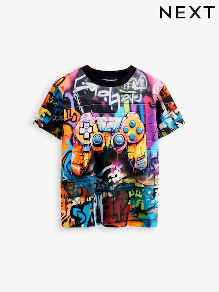 Black Graffiti Controller Short Sleeve All Over Print 100% Cotton Regular Fit T-Shirt (3-16yrs) (B61831) | 34 QAR - 44 QAR
