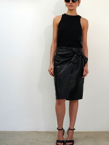 Religion Black Faux Fur Leather Midi Wrap Skirt With Zip Pockets (B61939) | €31