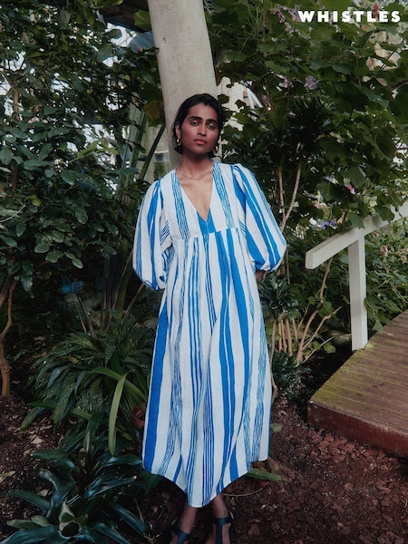 Whistles Blue Painted Stripe Gloria Linen/Cotton Blend Dress (B61953) | AED370