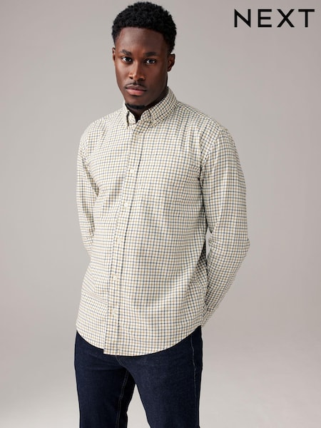 לבן בז' - Check Long Sleeve 100% Cotton Oxford Shirt (B62005) | ‏96‏₪