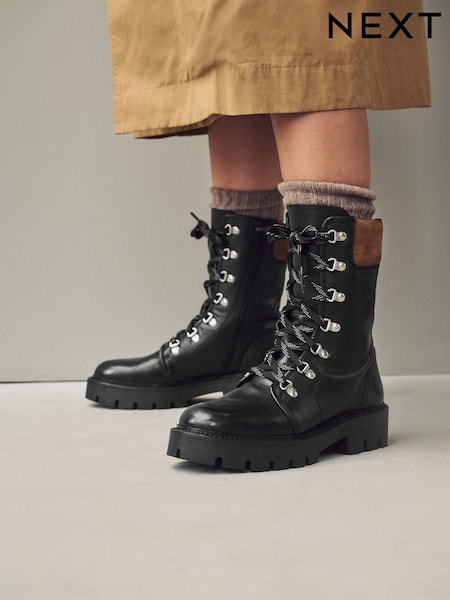 Black Leather Forever Comfort® Lace-Up Collared Hiker Boots (B62009) | €55